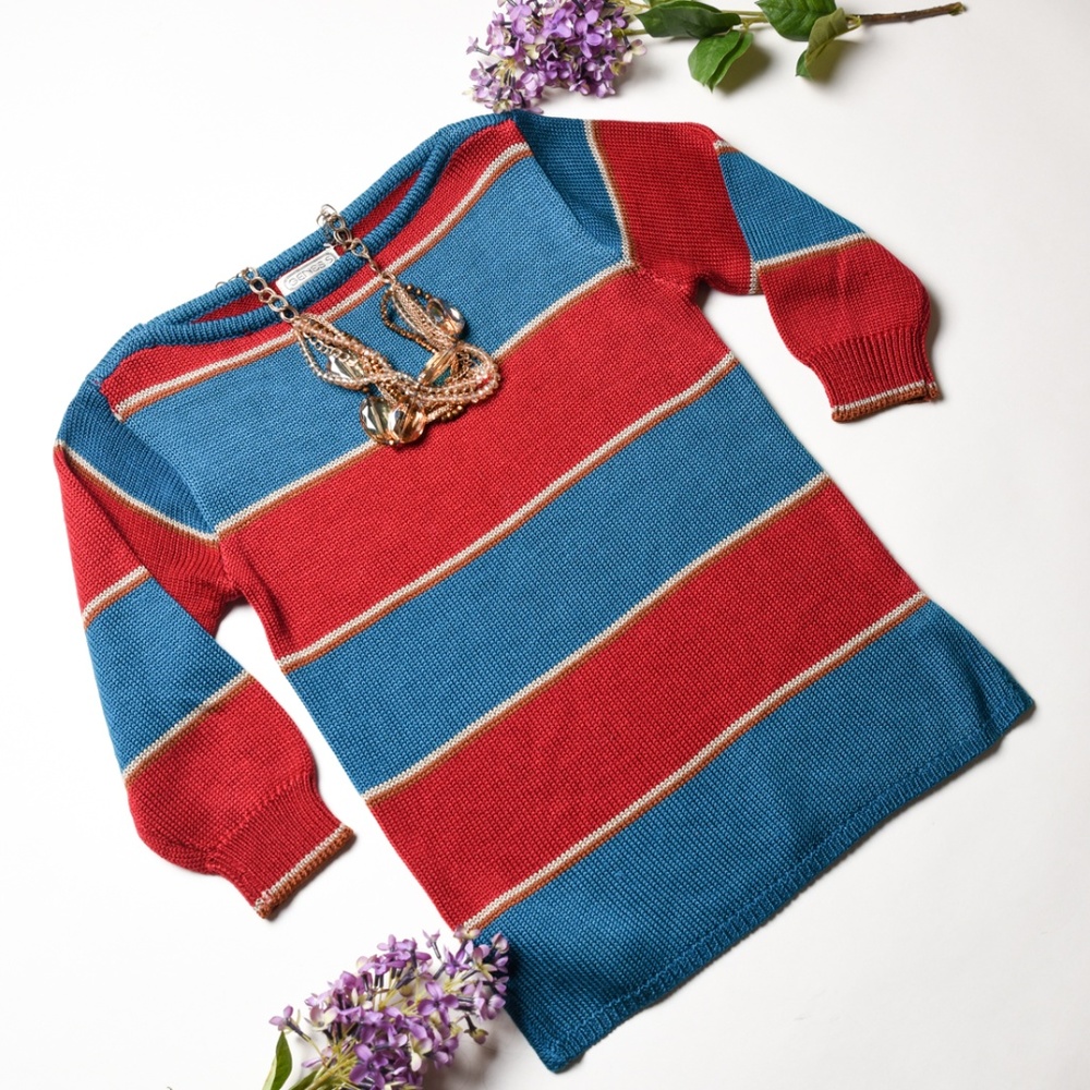 GENESIS Boho Blue/Red Striped Knit Sweater Small